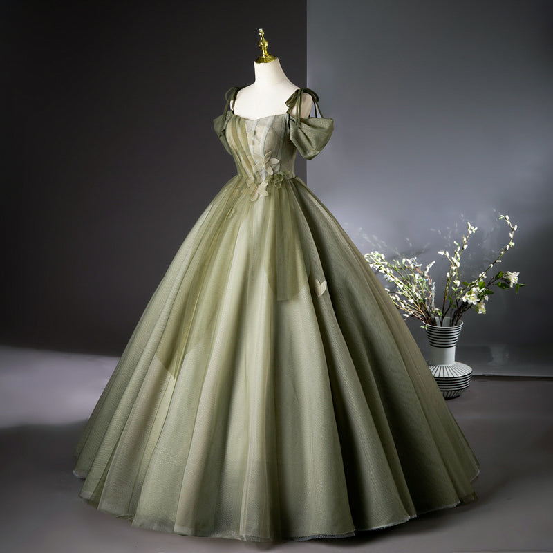 Green A-line tulle long prom dress, green bridesmaid dress ED01099