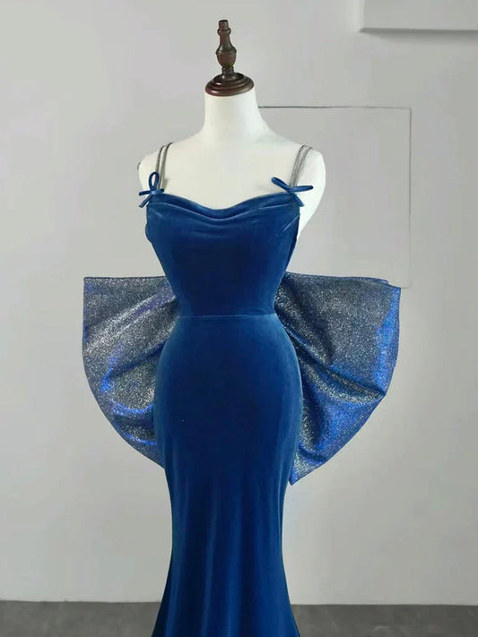 Mermaid Velvet Blue Long Prom Dress, Mermaid Long Formal Dress ED011
