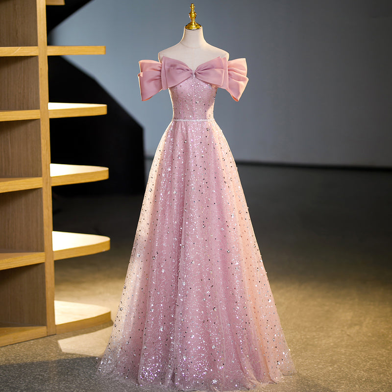 Pink A-line off-shoulder tulle sequin long prom dress, pink evening dress ED01100