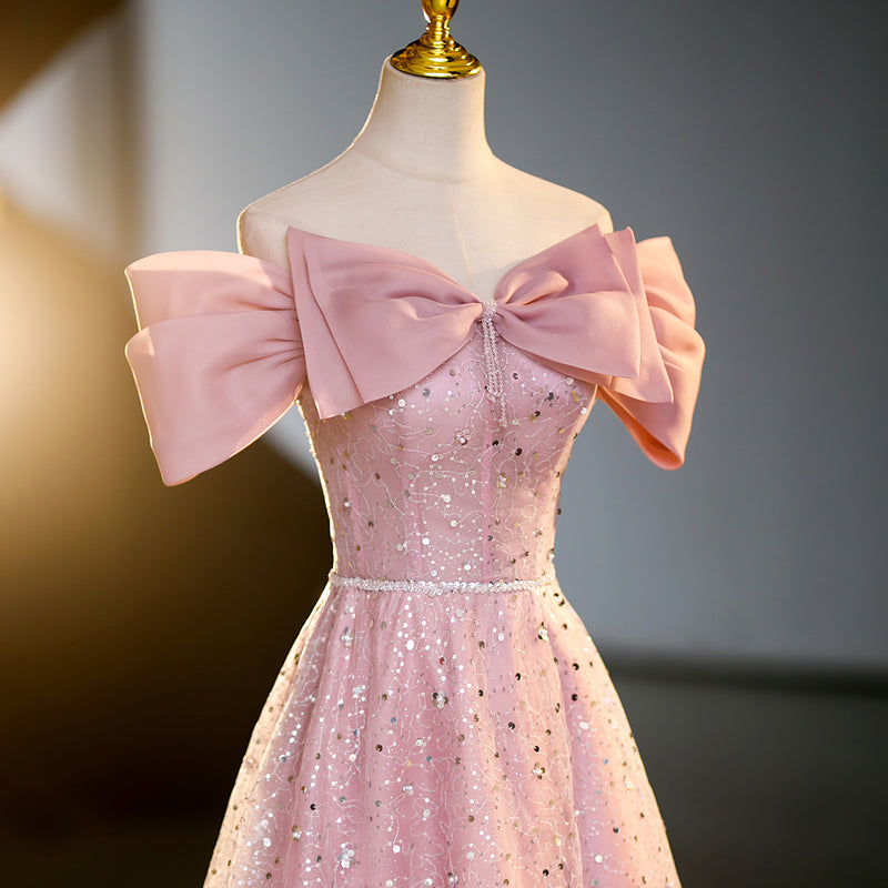 A-line off-shoulder tulle sequin long prom dress, pink evening dress HZ1024