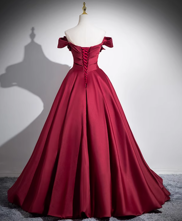 A-line off-the-shoulder satin long prom dress, burgundy formal dress HZ1024