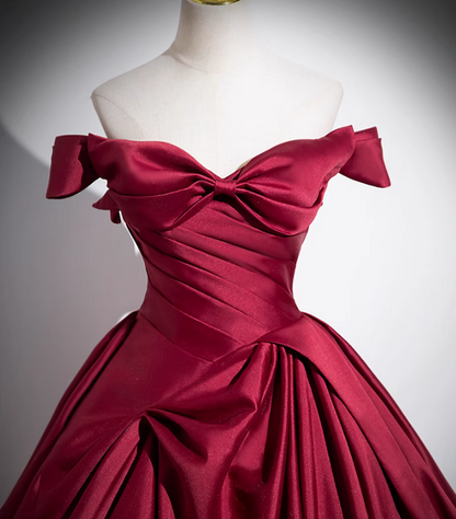 A-line off-the-shoulder satin long prom dress, burgundy formal dress HZ1024