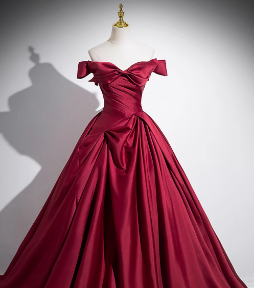 A-line off-the-shoulder satin long prom dress, burgundy formal dress HZ1024