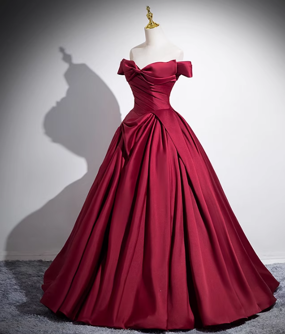 A-line off-the-shoulder satin long prom dress, burgundy formal dress HZ1024