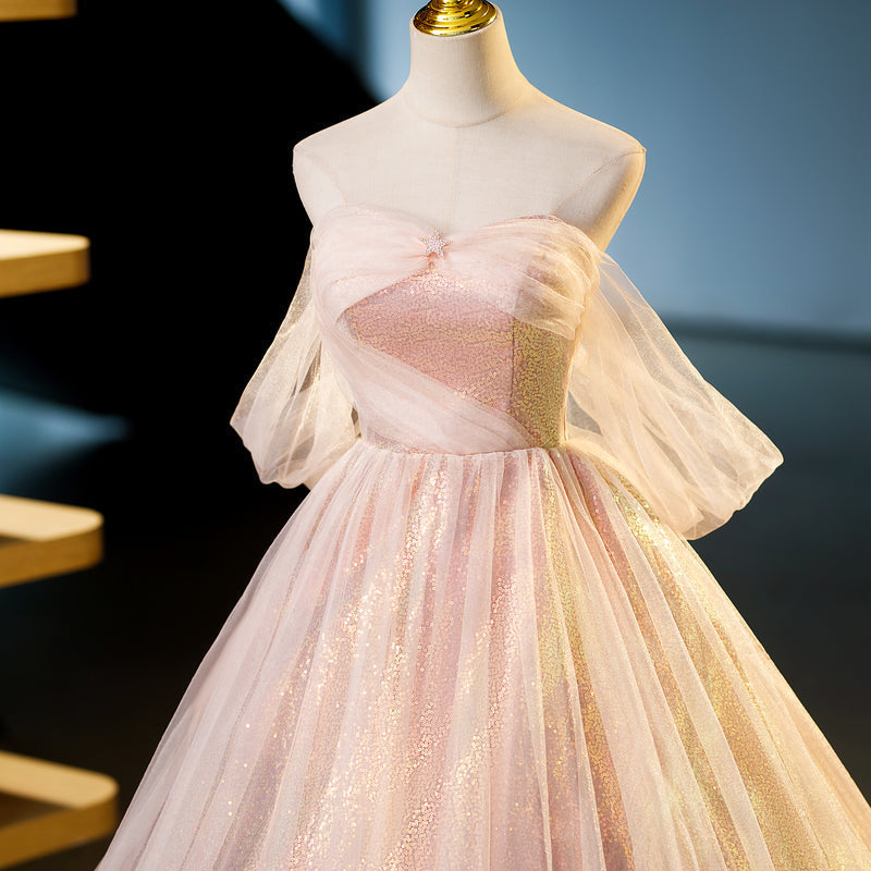 pink sweetheart neckline tulle sequin long prom dress, pink evening dress HZ1024