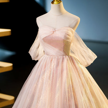 A-line pink sweetheart neckline tulle sequin long prom dress, pink evening dress ED01103