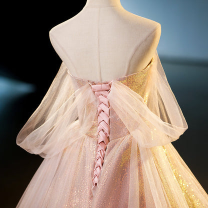 pink sweetheart neckline tulle sequin long prom dress, pink evening dress HZ1024