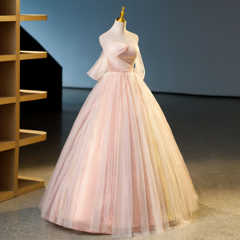 pink sweetheart neckline tulle sequin long prom dress, pink evening dress HZ1024