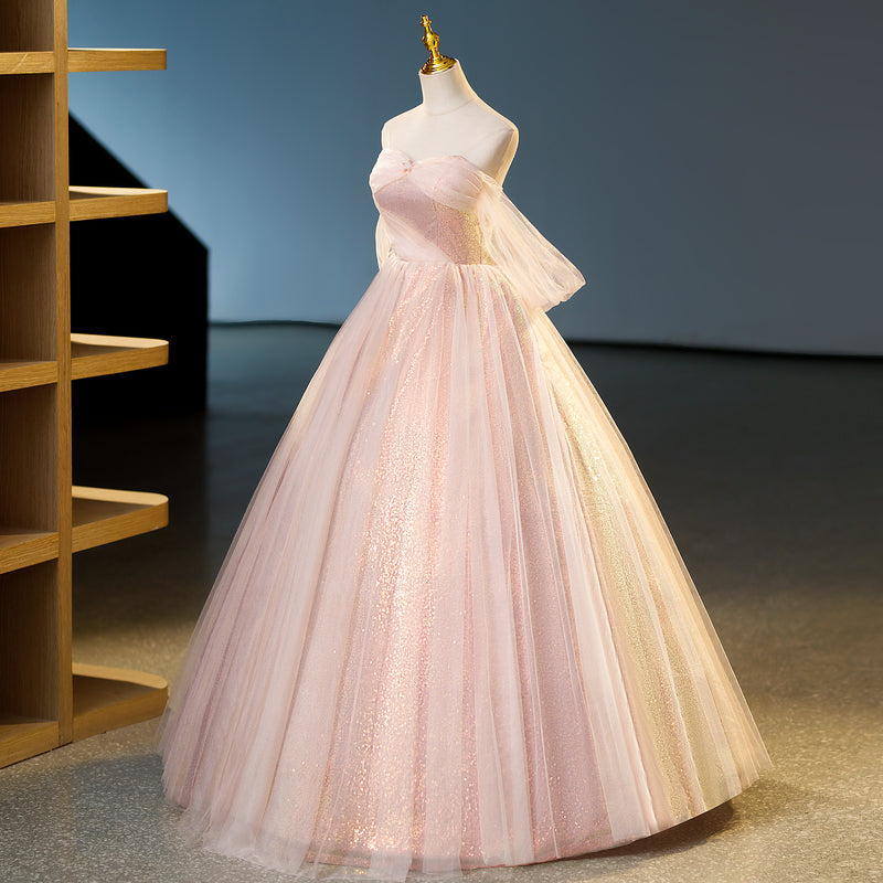 pink sweetheart neckline tulle sequin long prom dress, pink evening dress HZ1024