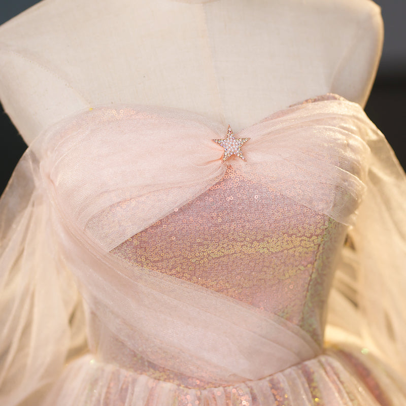 pink sweetheart neckline tulle sequin long prom dress, pink evening dress HZ1024