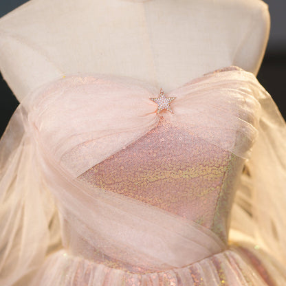 pink sweetheart neckline tulle sequin long prom dress, pink evening dress HZ1024