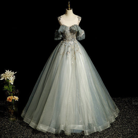 A-line tulle sequined long ball dress, green evening dress HZ1024