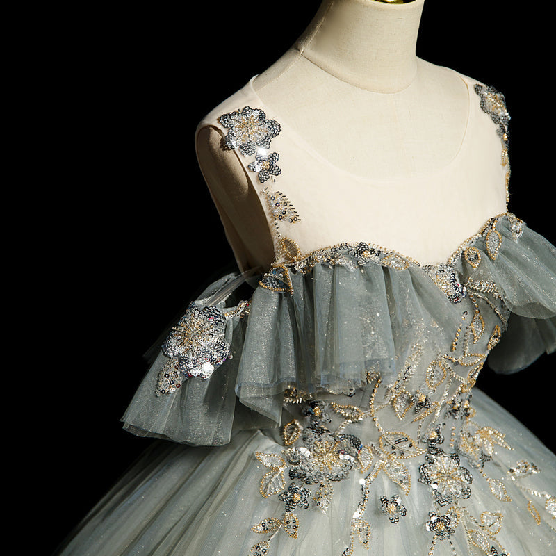 A-line tulle sequined long ball dress, green evening dress HZ1024