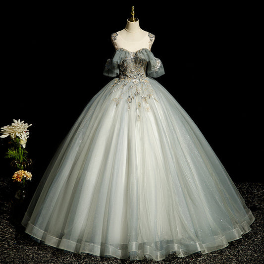 A-line tulle sequined long ball dress, green evening dress HZ1024