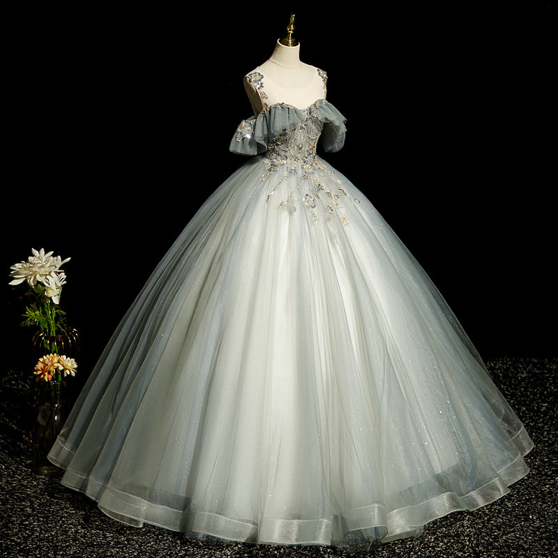 A-line tulle sequined long ball dress, green evening dress HZ1024
