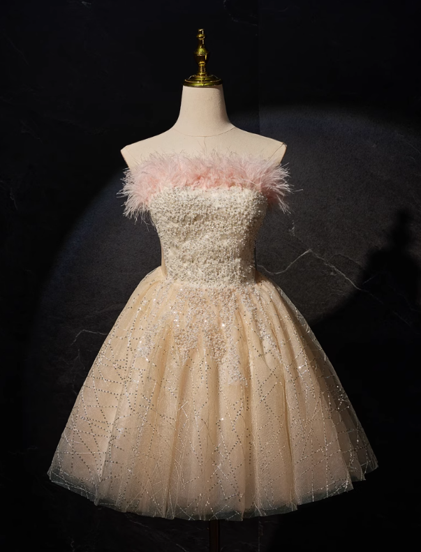 A-line tulle sequin short prom dress, champagne sweet 16 dress HZ1024