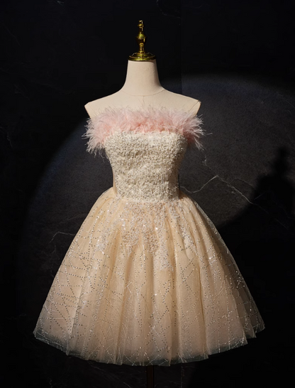 A-line tulle sequin short prom dress, champagne sweet 16 dress HZ1024