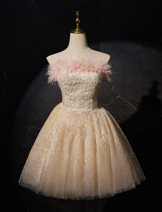 A-line tulle sequin short prom dress, champagne sweet 16 dress HZ1024
