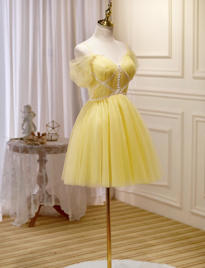Yellow A-line tulle lace short prom dress, yellow homecoming dress ED01106