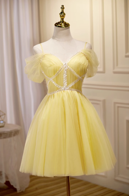 A-line tulle lace short prom dress, yellow homecoming dress HZ1024
