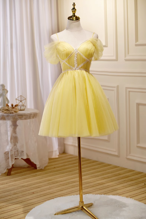 A-line tulle lace short prom dress, yellow homecoming dress HZ1024