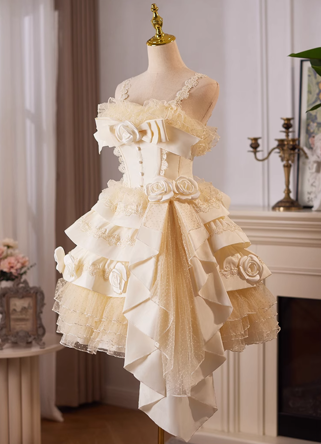 Champagne A-line satin tulle lace short prom dress, champagne birthday dress ED01107