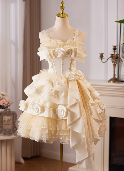 Champagne A-line satin tulle lace short prom dress, champagne birthday dress ED01107