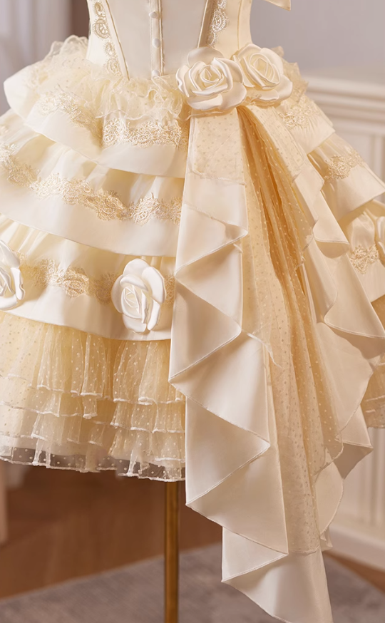 Champagne A-line satin tulle lace short prom dress, champagne birthday dress ED01107