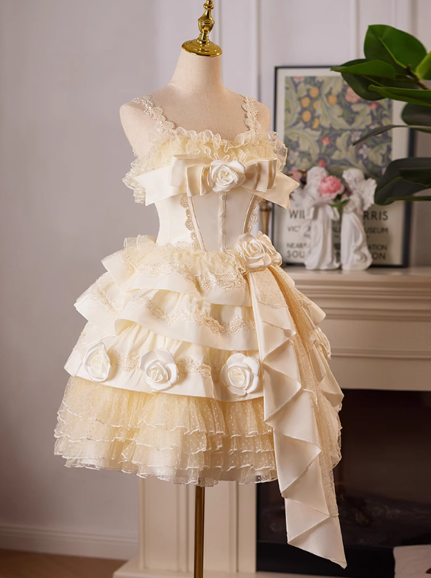 Champagne A-line satin tulle lace short prom dress, champagne birthday dress ED01107