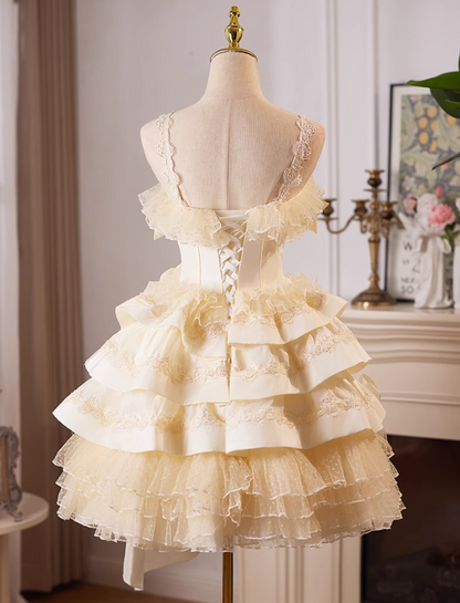 Champagne A-line satin tulle lace short prom dress, champagne birthday dress ED01107