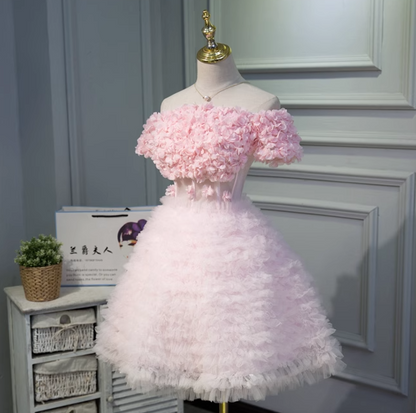 A-line off-the-shoulder tulle short prom dress, pink bridesmaid dress HZ1024