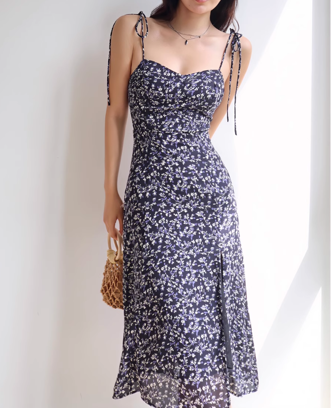 French retro navy blue floral slit suspender dress ED01132