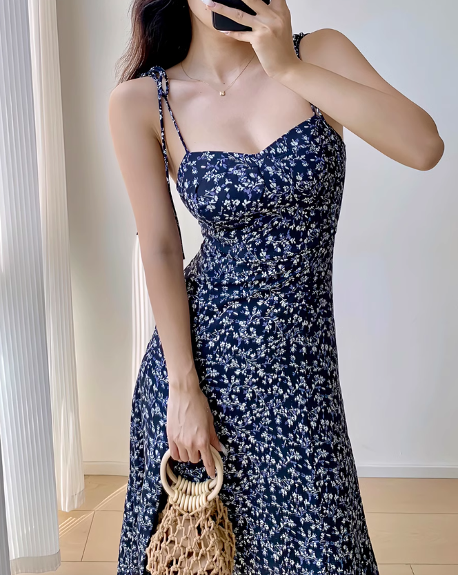 French retro navy blue floral slit suspender dress ED01132