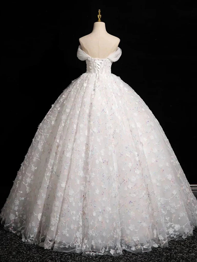 A-Line Sweetheart Neck Tulle Lace White Long Prom Dress, White Lace Formal Dress ED01134