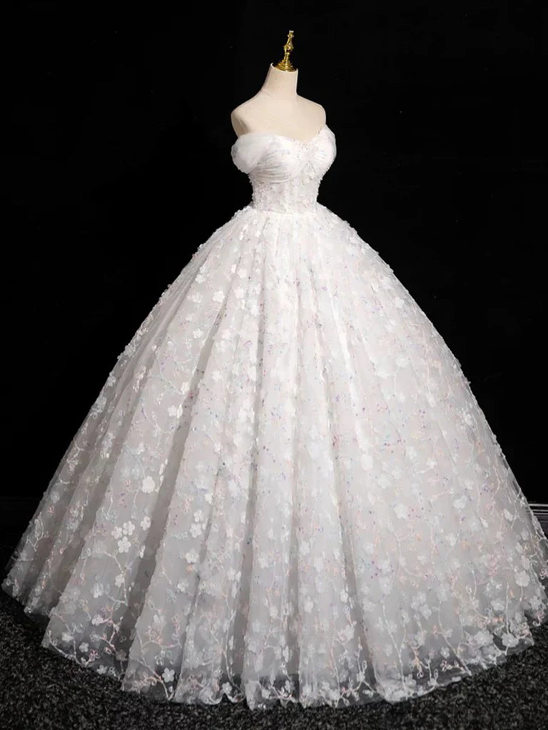 A-Line Sweetheart Neck Tulle Lace White Long Prom Dress, White Lace Formal Dress ED01134