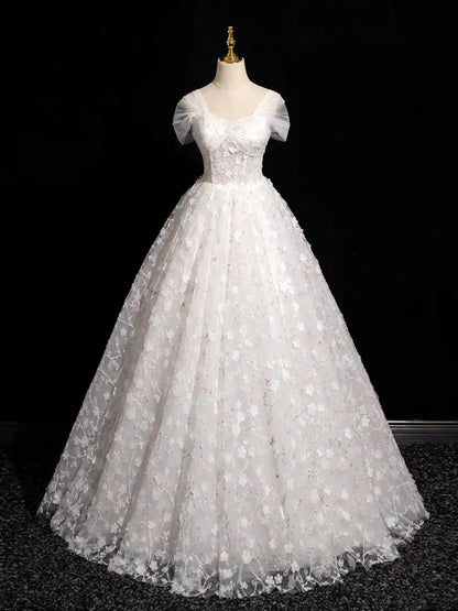 A-Line Sweetheart Neck Tulle Lace White Long Prom Dress, White Lace Formal Dress ED01134