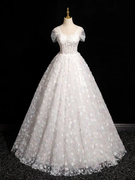 A-Line Sweetheart Neck Tulle Lace White Long Prom Dress, White Lace Formal Dress ED01134
