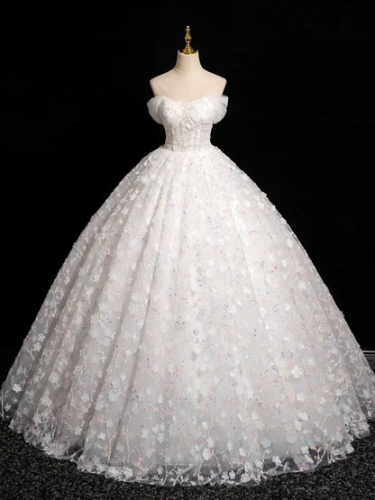 A-Line Sweetheart Neck Tulle Lace White Long Prom Dress, White Lace Formal Dress ED01134