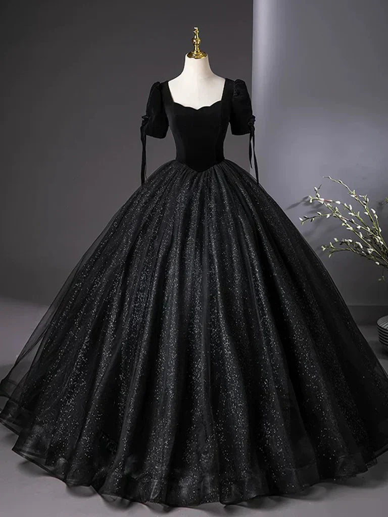 Tulle Velvet Sequin Black Long Prom Dress, Black Long Evening Dress HZ1024