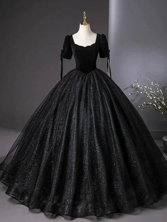 Tulle Velvet Sequin Black Long Prom Dress, Black Long Evening Dress HZ1024