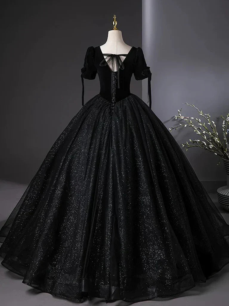 Tulle Velvet Sequin Black Long Prom Dress, Black Long Evening Dress HZ1024