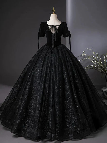 Tulle Velvet Sequin Black Long Prom Dress, Black Long Evening Dress HZ1024