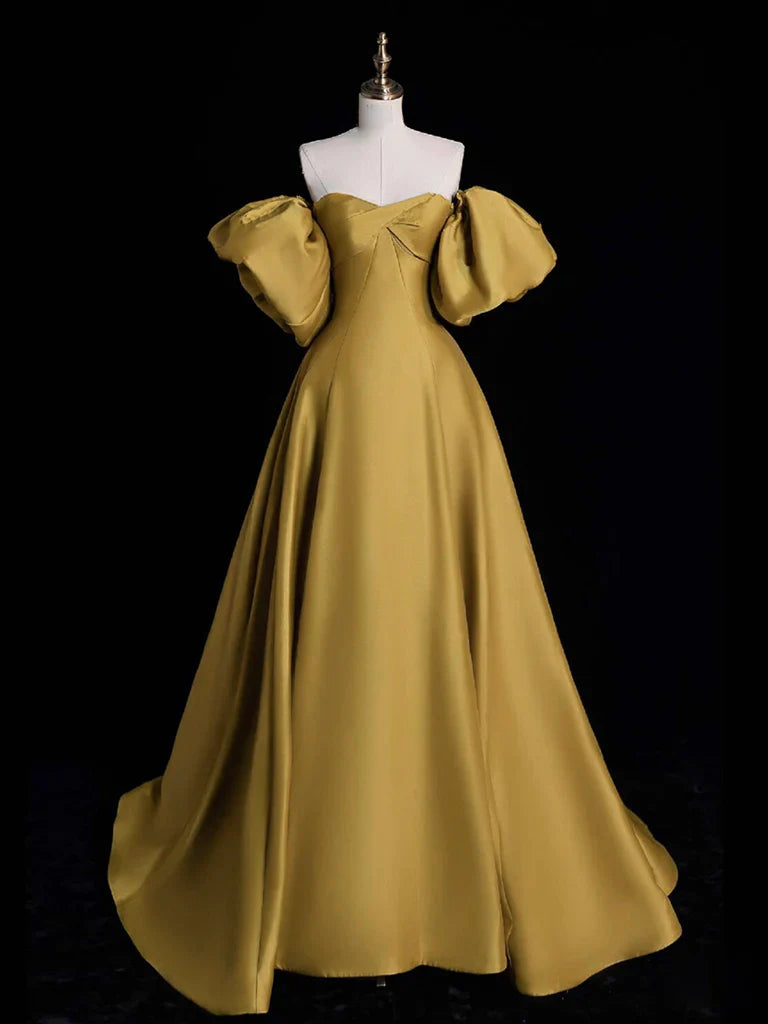 A-Line Sweetheart Neck Satin Gold Long Prom Dress, Gold Long Formal Dress ED01137