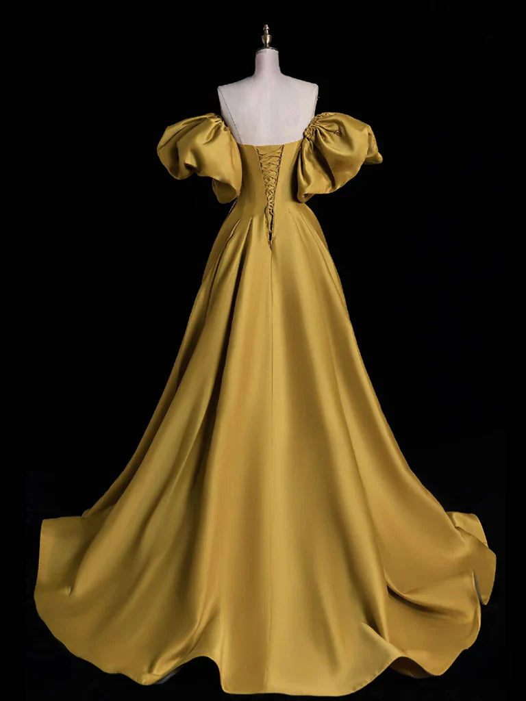 A-Line Sweetheart Neck Satin Gold Long Prom Dress, Gold Long Formal Dress ED01137