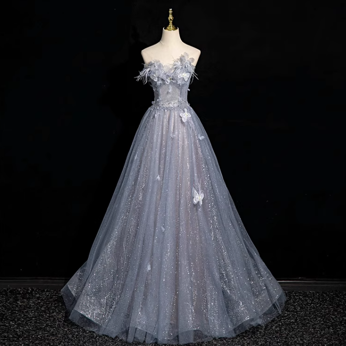 blue A-line sweetheart neck tulle sequined long prom dress, gray blue evening dress HZ1024