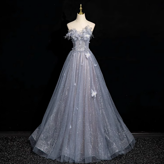 blue A-line sweetheart neck tulle sequined long prom dress, gray blue evening dress HZ1024