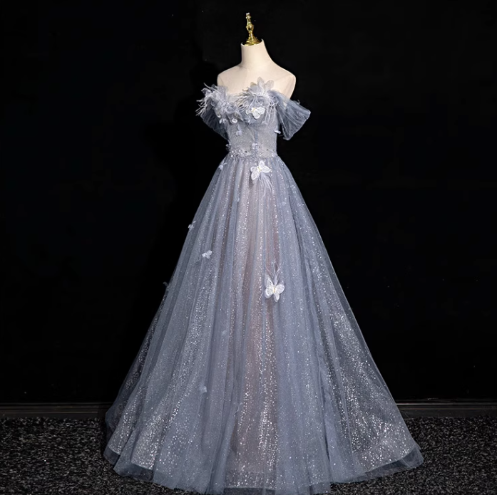blue A-line sweetheart neck tulle sequined long prom dress, gray blue evening dress HZ1024