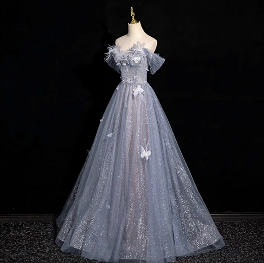 blue A-line sweetheart neck tulle sequined long prom dress, gray blue evening dress HZ1024