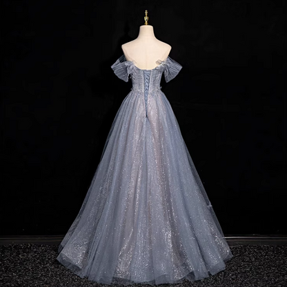 blue A-line sweetheart neck tulle sequined long prom dress, gray blue evening dress HZ1024