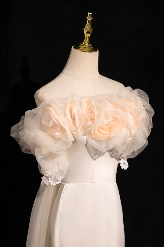 A-line off-the-shoulder satin tulle long prom dress, off-white formal dress HZ1024